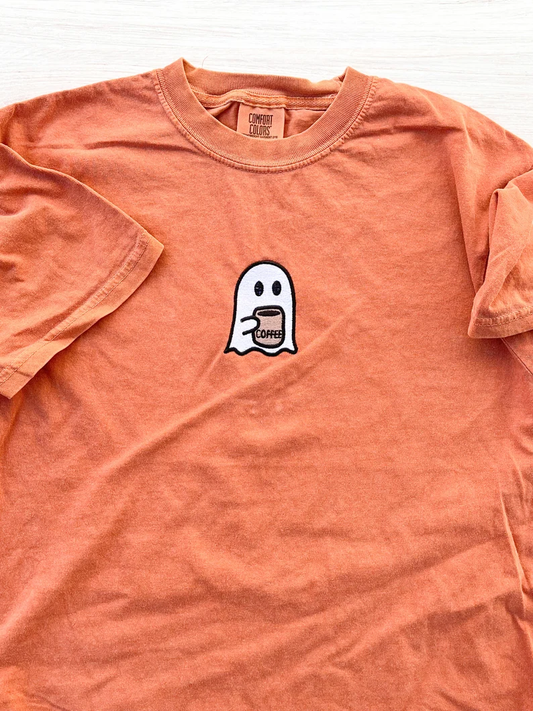 Ghost With Coffee Embroidered Tee –  Premium Comfort Shirt