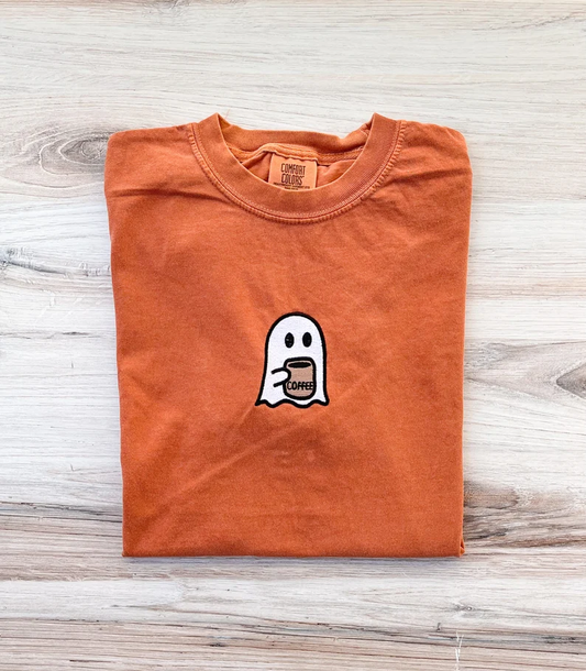 Ghost With Coffee Embroidered Tee –  Premium Comfort Shirt