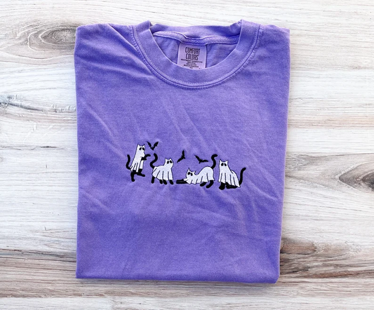 Halloween Spooky Cat Embroidered T-Shirt – Premium Comfort Tee