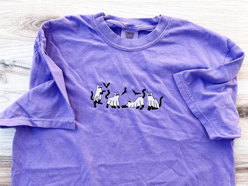 Halloween Spooky Cat Embroidered T-Shirt – Premium Comfort Tee