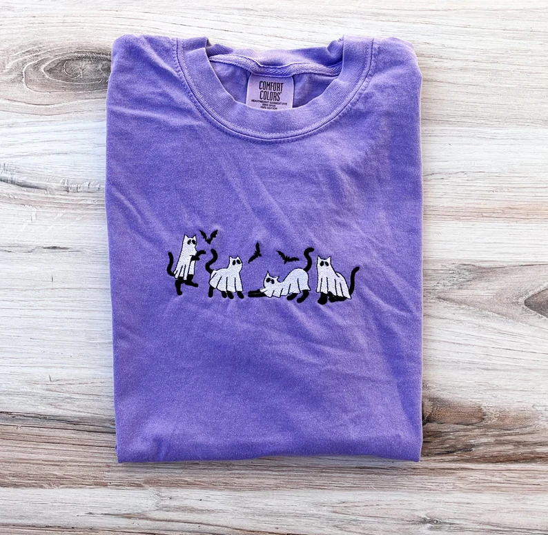 Halloween Spooky Cat Embroidered T-Shirt – Premium Comfort Tee