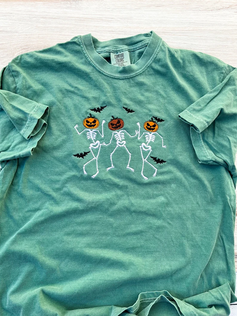 Dancing Skeleton Embroidered- Pumpkin Spooky Season Tee- Premium Comfort T-Shirt