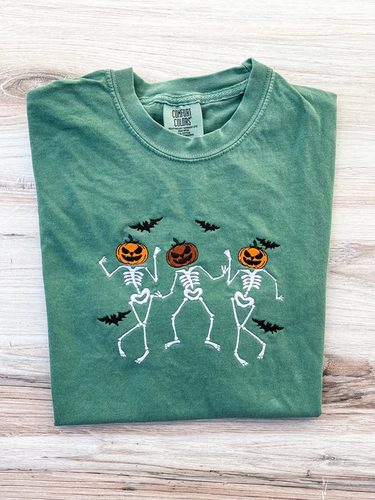 Dancing Skeleton Embroidered- Pumpkin Spooky Season Tee- Premium Comfort T-Shirt