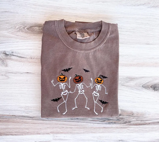 Dancing Skeleton Embroidered- Pumpkin Spooky Season Tee- Premium Comfort T-Shirt