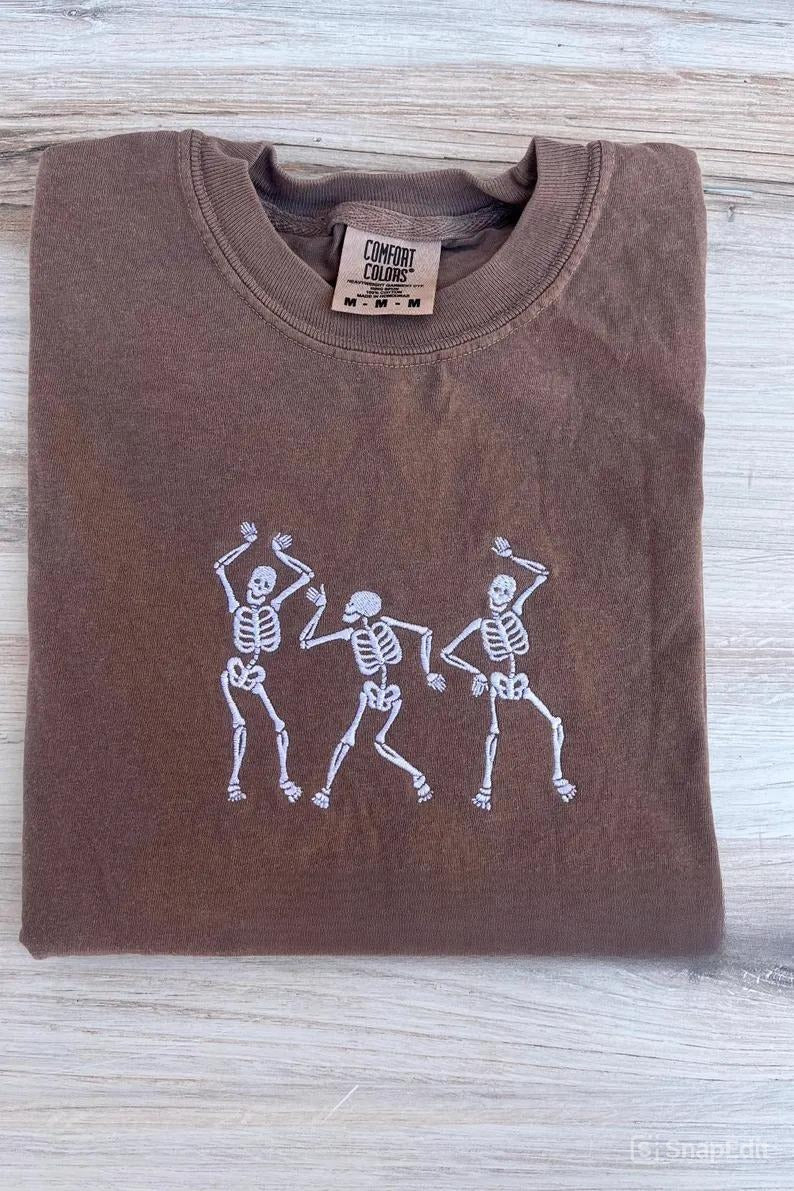 Skeleton Dacing Tee, Halloween Embroidered- Premium Comfort Shirt