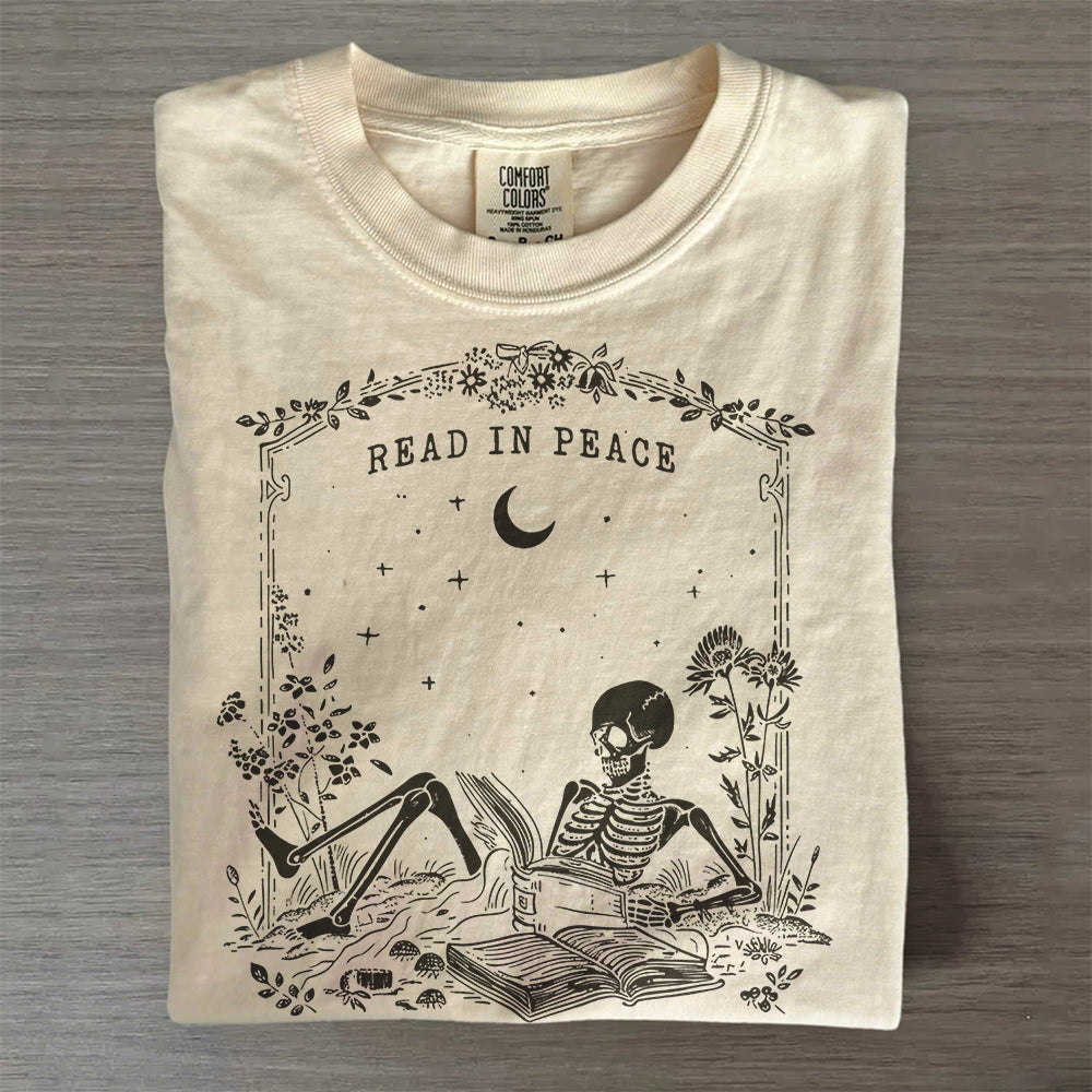 Skeleton Reading Book Lover Halloween T-Shirt-Read in Peace Tee