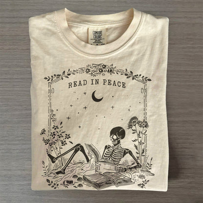 Skeleton Reading Book Lover Halloween T-Shirt-Read in Peace Tee