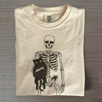 Skeleton & Black Cat Halloween Tee – Spooky Cat Mom Shirt