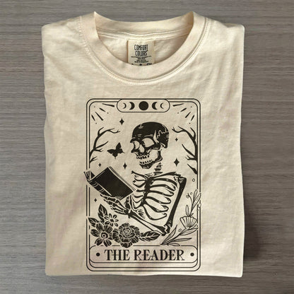 The Reader Tarot Card Shirt – Skeleton Reading Tee, Book Lover T-Shirt