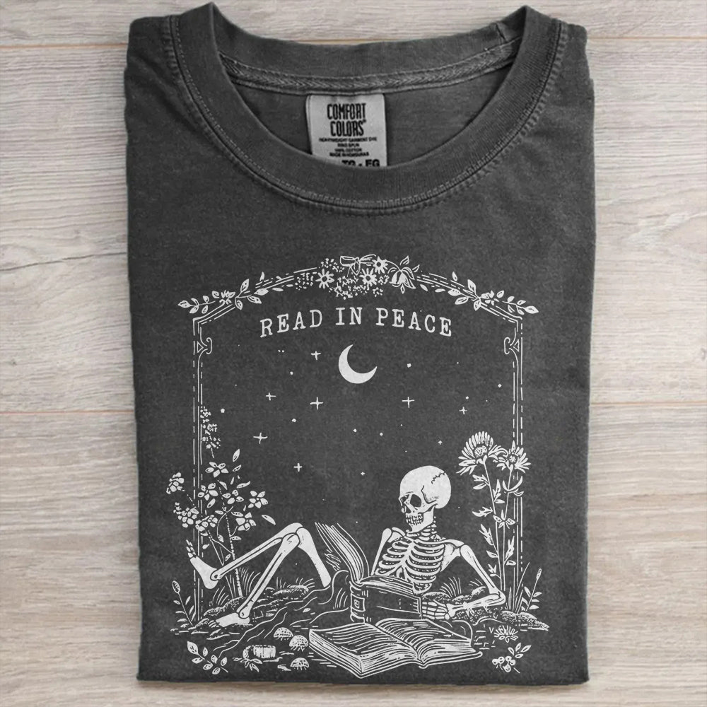 Skeleton Reading Book Lover Halloween T-Shirt-Read in Peace Tee