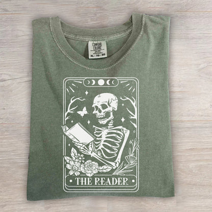 The Reader Tarot Card Shirt – Skeleton Reading Tee, Book Lover T-Shirt