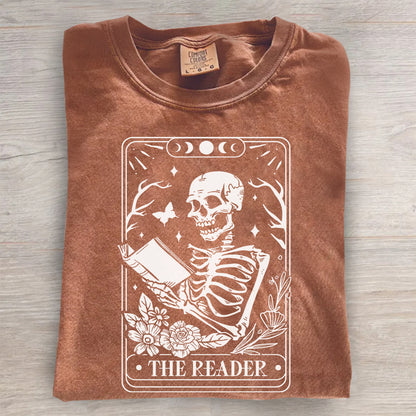 The Reader Tarot Card Shirt – Skeleton Reading Tee, Book Lover T-Shirt