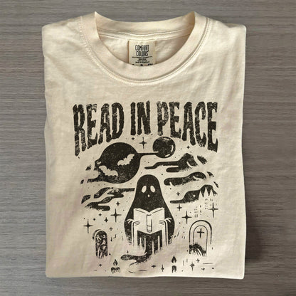 Comfort Colors® Halloween Shirt – Read in Peace Ghost Reading Tee, Book Lover T-Shirt