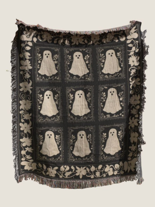 Ghostly Folk Art Woven Blanket - Black and White Ghost Throw
