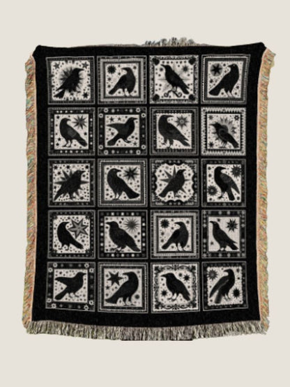 Retro Gothic Crow Woven Tapestry Blanket - Raven Witchy Home Decor