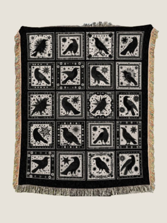 Retro Gothic Crow Woven Tapestry Blanket - Raven Witchy Home Decor