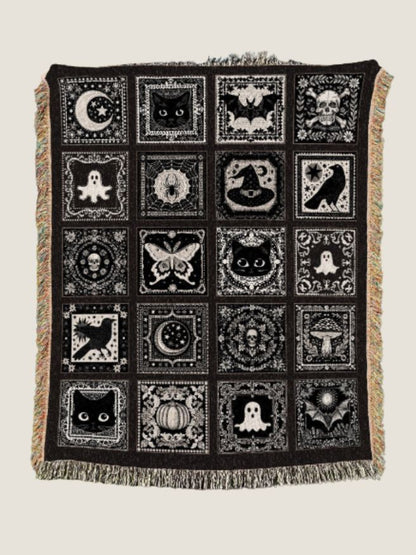 Witchy Woven Cotton Throw Blanket - Gothic Halloween Tapestry Decor