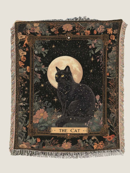 Black Cat Tarot Woven Blanket - Cat Lover Throw Gift