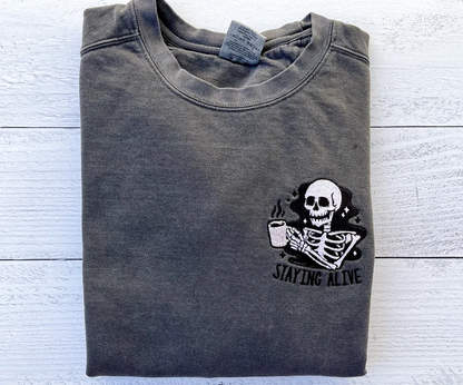 Staying Alive Halloween Embroidered Crewneck – Premium Comfort Sweatshirt